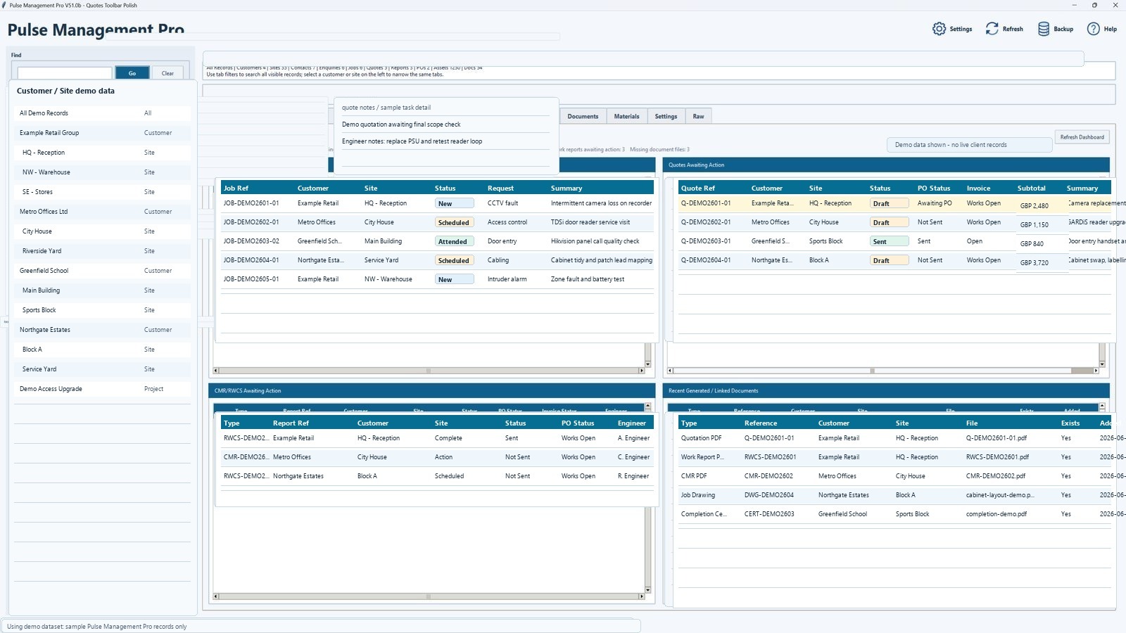 Anonymised Pulse Management Pro project dashboard